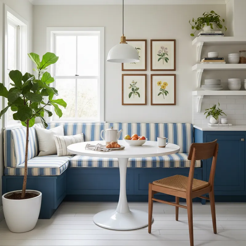 A cozy small kitchen nook with a built-in banquette, plump cushions, a round table, and a window providing natural light, perfect for breakfast or intimate dining.