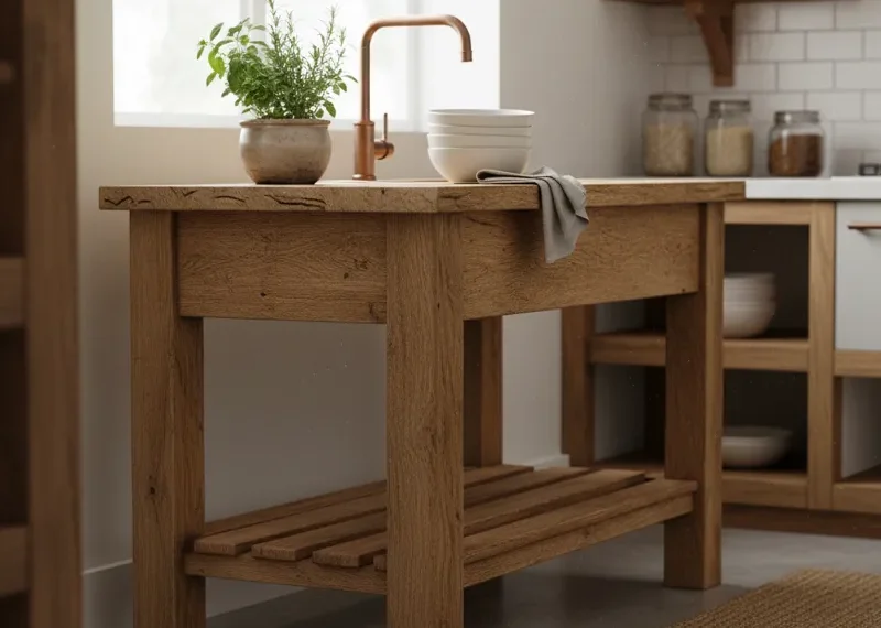 A narrow, compact small kitchen side table with a sleek design, providing extra storage and prep space, ideal for tight kitchens or as a coffee nook.