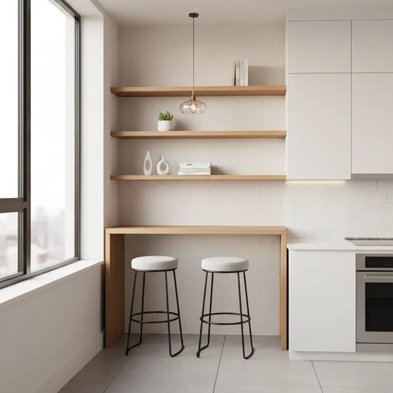 A sleek, modern small kitchen table bar in a bright, compact urban apartment kitchen, with two minimalist bar stools tucked neatly underneath. The tab