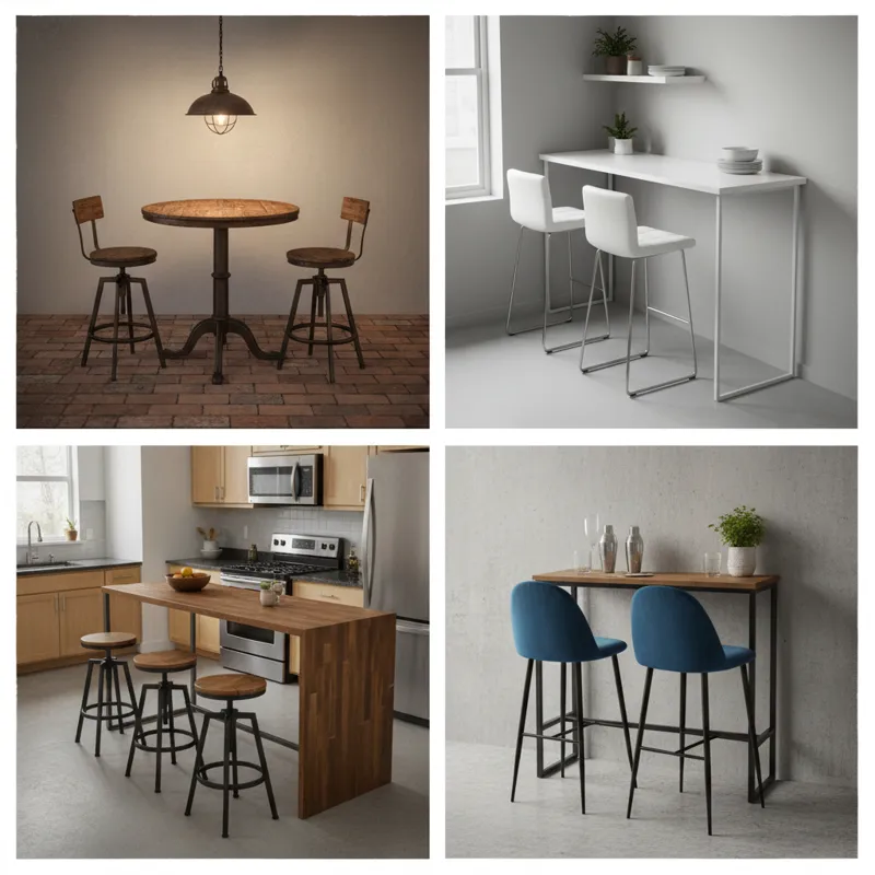 A collage of different small kitchen table bar types: one freestanding pub table with two stools, a sleek wall-mounted bar table in a studio apartment