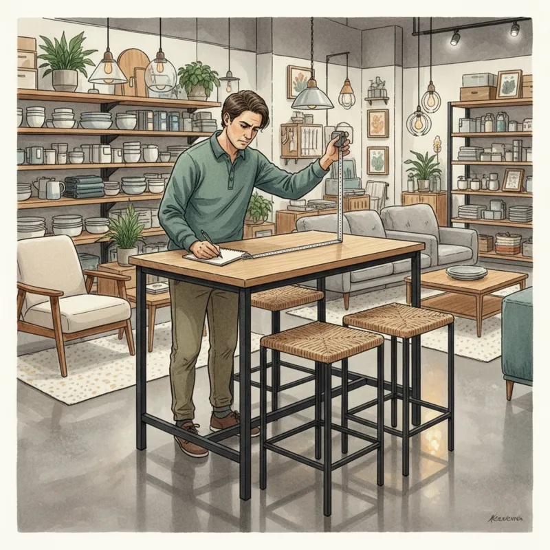 A person in a home goods store thoughtfully examining a small kitchen table bar, measuring its dimensions with a tape measure while considering the he