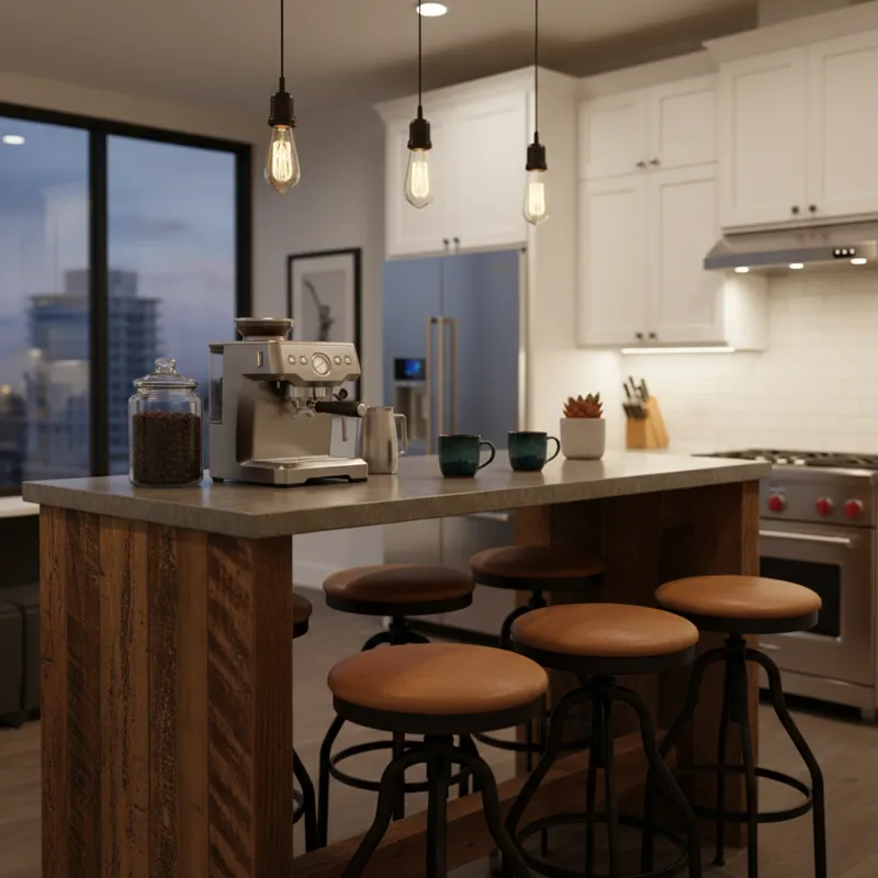 Small kitchen table bar with two stools, designed for compact living spaces and modern kitchens. Features a sleek countertop ideal for dining or as a breakfast bar.