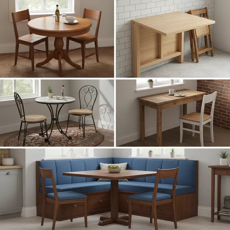 A collage of various small kitchen table types: a drop-leaf table, a wall-mounted fold-down table, a compact bistro table, a slim console table, and a