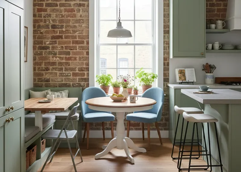 A compact round wooden kitchen table with two minimalist chairs placed in a brightly lit small kitchen corner, showcasing a space-saving dining solution.