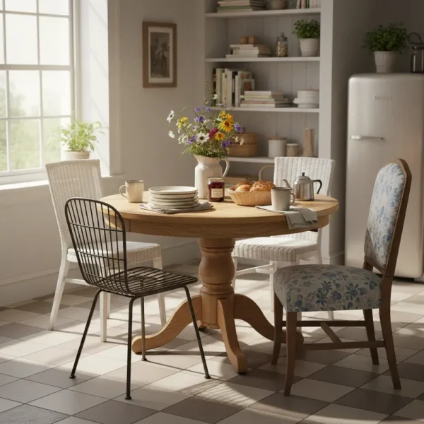 A stylish, small round wooden kitchen table with two chairs, perfectly sized for a compact kitchen or apartment dining area, bathed in natural light.
