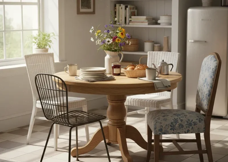 A stylish, small round wooden kitchen table with two chairs, perfectly sized for a compact kitchen or apartment dining area, bathed in natural light.