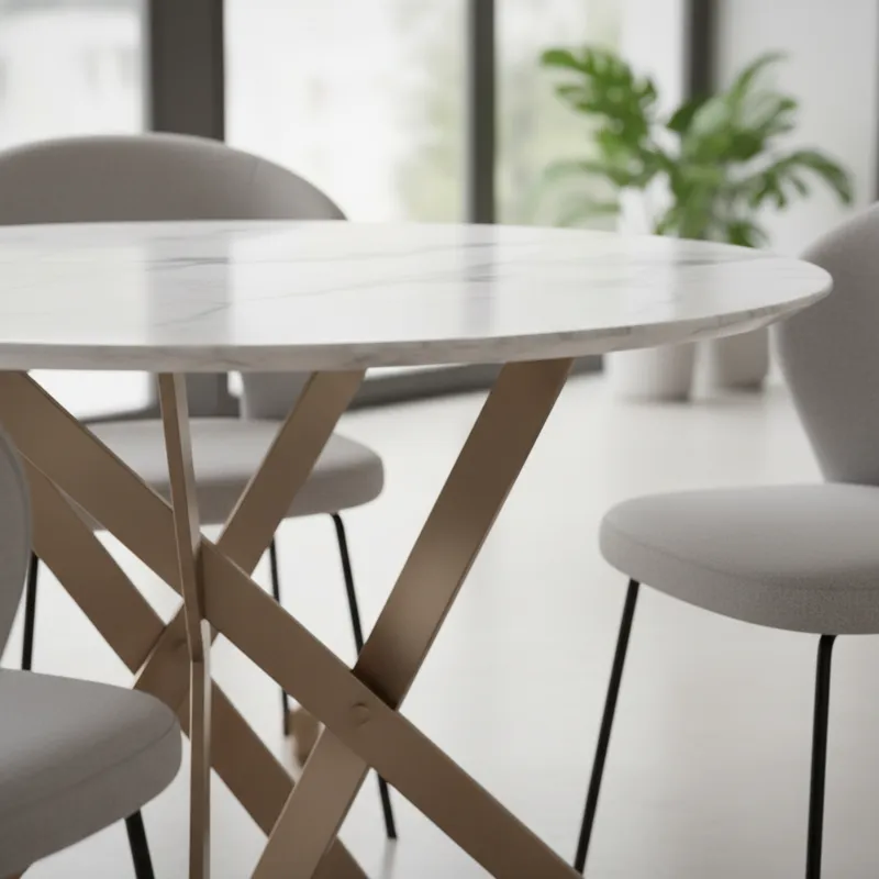 Close-up of a small round modern dining table made of white marble with a sculptural metal base, showcasing clean lines and minimalist design. Two ele