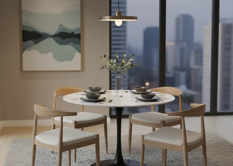 Small modern dining table with minimalist design, perfect for compact apartments, kitchen nooks, or small dining areas.