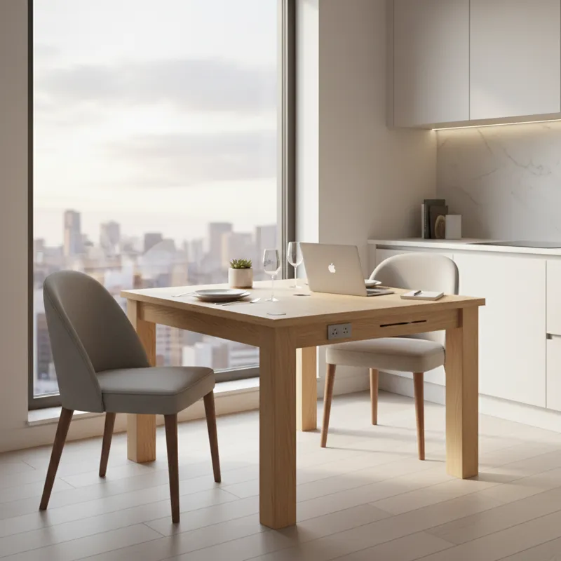 A stylish, minimalist small rectangular dining table for 2 set up in a bright, modern apartment kitchen, showcasing its space-saving design and dual f