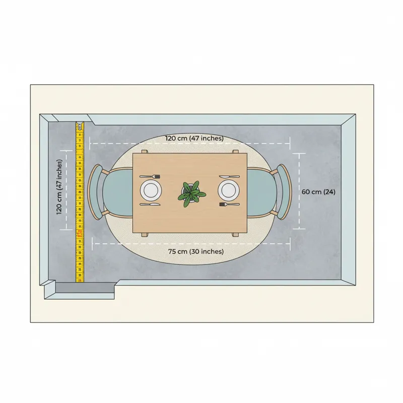 An overhead view of a small rectangular dining table for 2 with accurate measurements overlaid, demonstrating ideal dimensions for seating two people