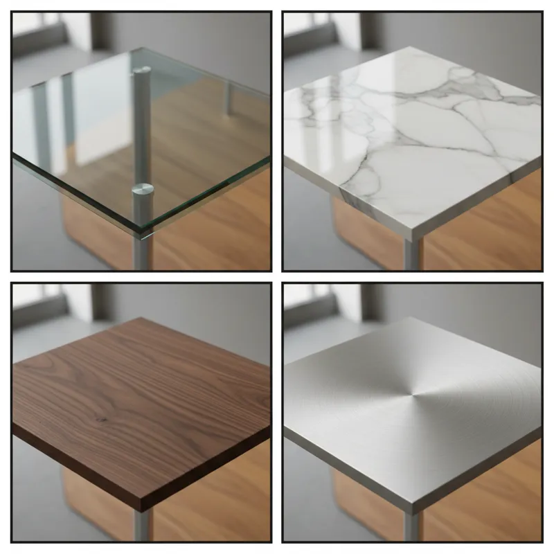 A collage of various small rectangular dining table for 2 tops, showcasing different materials like solid wood, tempered glass, marble, and metal, hig