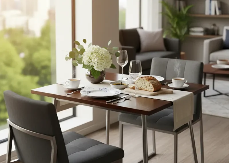 Compact rectangular wooden dining table with two chairs, perfect for small kitchens, apartments, or breakfast nooks.