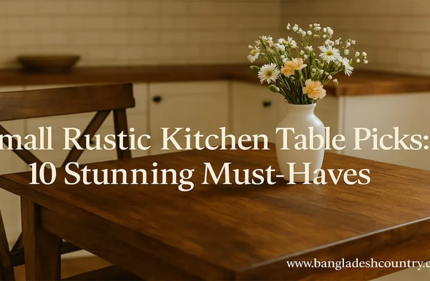 A rustic wooden kitchen table and matching chair, featuring a vase of white and peach flowers. The backdrop is a kitchen with white subway tiles, cabinets, and wooden countertops. Text on image: 'Small Rustic Kitchen Table Picks: 10 Stunning Must-Haves'.