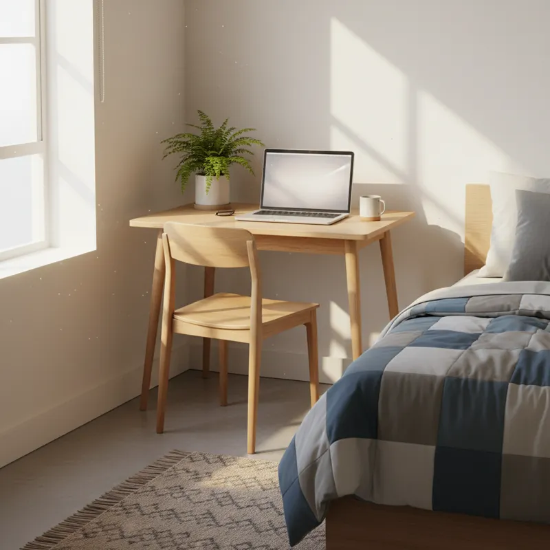 A beautifully designed small bedroom featuring a compact wooden table with a single chair tucked neatly into a corner, illuminated by soft natural lig