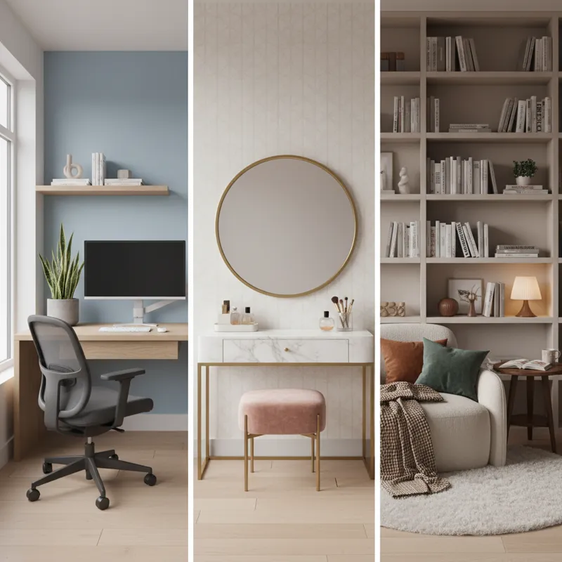 A split image showing three distinct bedroom corners: one with a minimalist desk and ergonomic chair for a home office, another with a sleek vanity ta