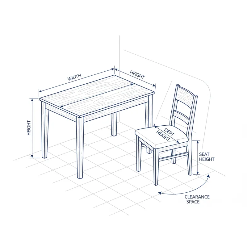 A diagram illustrating various measurements for a bedroom table and chair set, including table height, depth, width, chair seat height, and required c