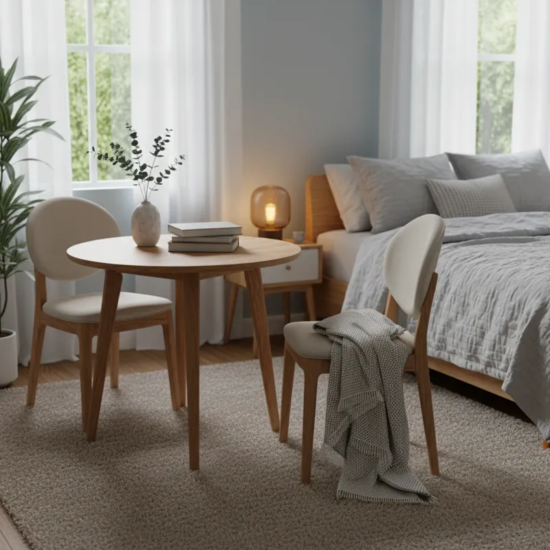 A small, elegant wooden dressing table with two matching upholstered chairs, positioned in a compact bedroom setting. Ideal for a vanity or workspace.