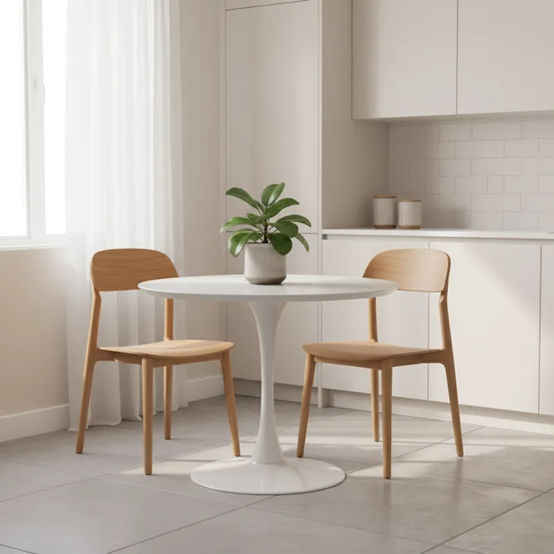 A minimalist, brightly lit small kitchen featuring a round small white breakfast table with two modern wooden chairs tucked neatly underneath. A singl