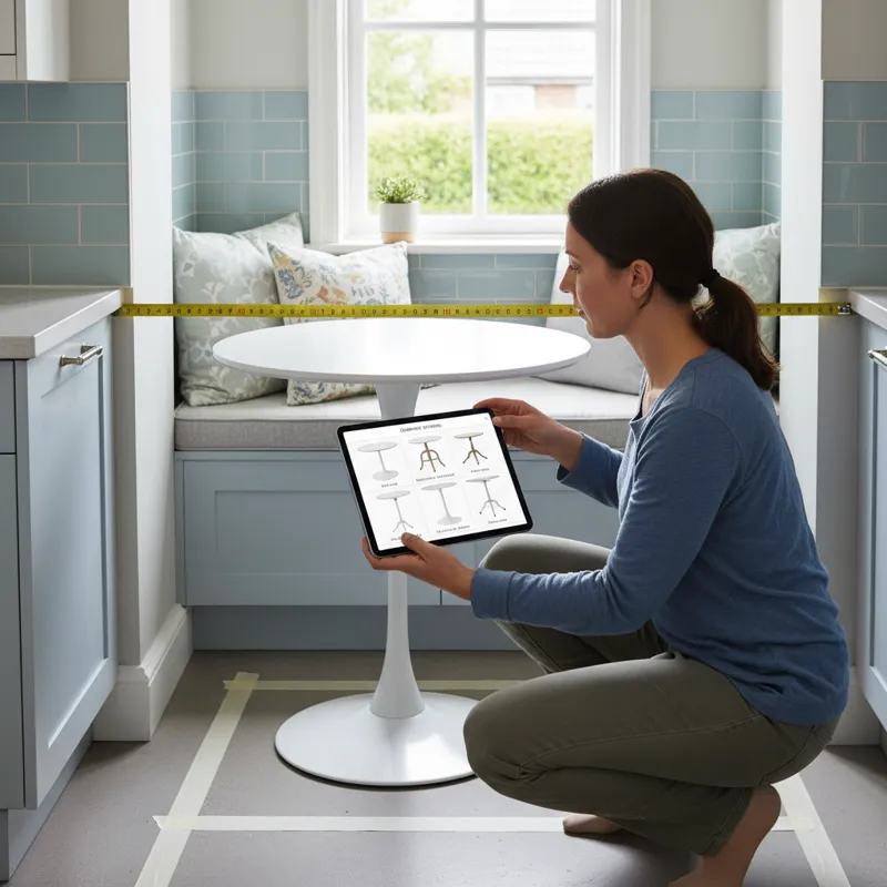 A person with a measuring tape carefully assessing a small kitchen nook before placing a table. On a tablet, they are comparing different small white