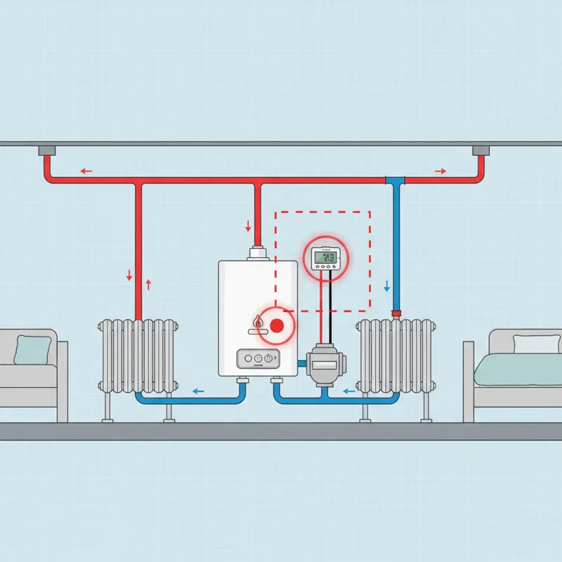Diagram showing a hydronic heating system with a boiler and radiators, highlighting the thermostat connection point.