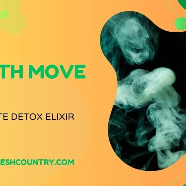 Promotional graphic for Smooth Move Tea, described as 'The Ultimate Detox Elixir'. The image features a split design with an orange background and green text on the left, and a black background with wisps of green smoke on the right, framed by fluid green and orange shapes.
