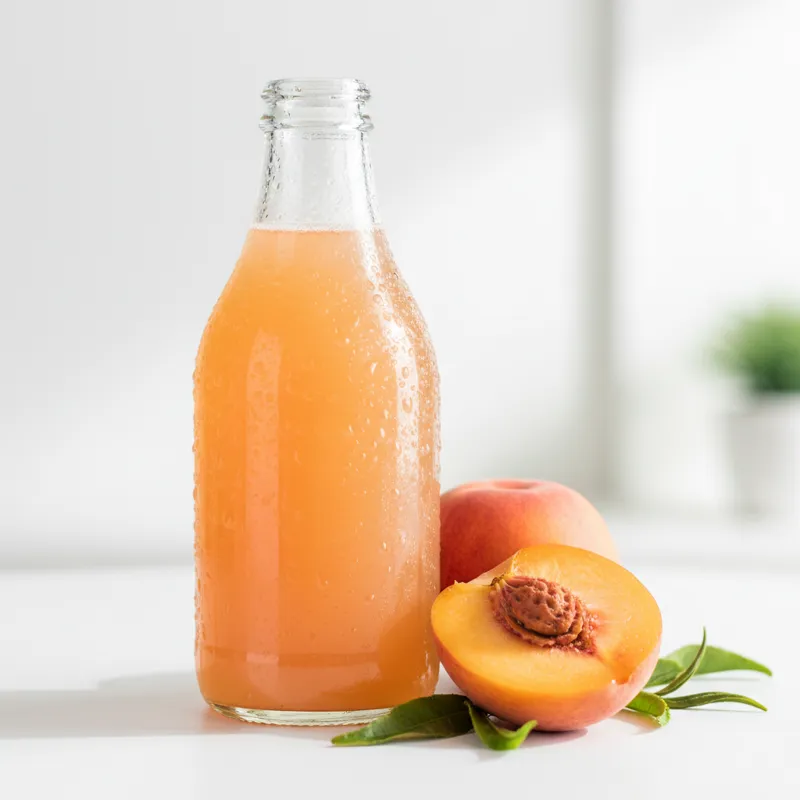 A vibrant, high-resolution photo of a classic glass Snapple Peach Tea bottle, glistening with condensation, next to a fresh, juicy peach and a few gre