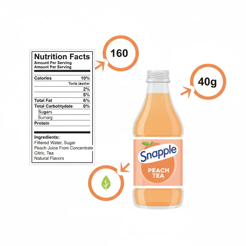 A clean, infographic-style image showing the nutritional label of a Snapple Peach Tea bottle, with callouts highlighting key numbers like calories, su