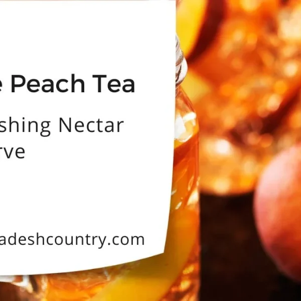 Promotional graphic for Snapple Peach Tea. The right side features a blurry image of a glass of iced tea and a whole fresh peach. The left side has a white overlay with the text 'Snapple Peach Tea' and 'The Refreshing Nectar You Deserve'.