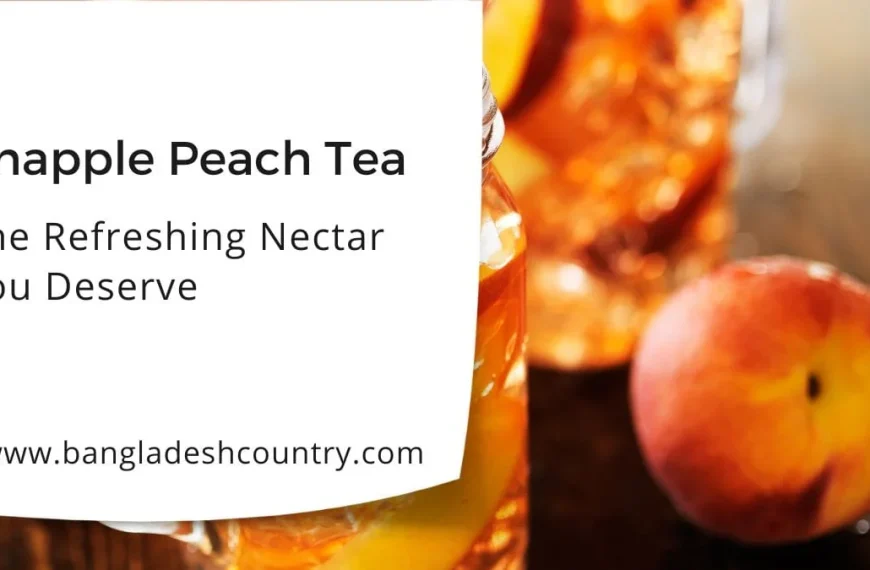 Promotional graphic for Snapple Peach Tea. The right side features a blurry image of a glass of iced tea and a whole fresh peach. The left side has a white overlay with the text 'Snapple Peach Tea' and 'The Refreshing Nectar You Deserve'.