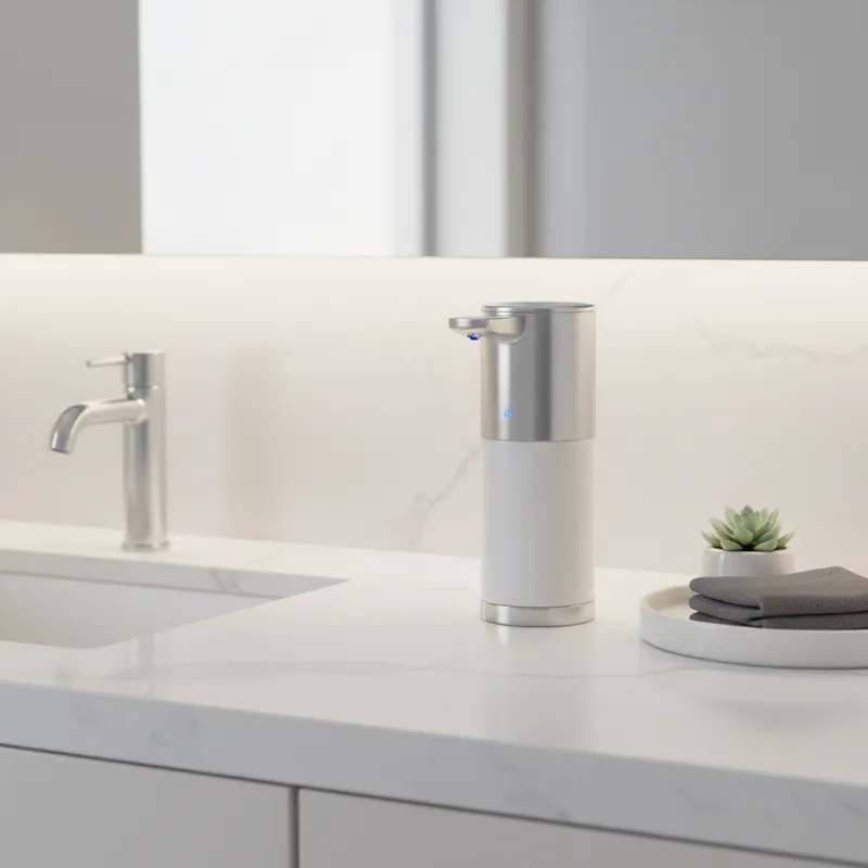A sleek, modern bathroom counter with a touchless soap dispenser in focus, clean and well-lit.