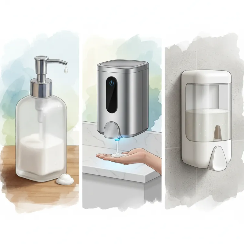 A collage of different soap dispenser types: a manual pump, a touchless unit, and a wall-mounted model, clearly distinct.