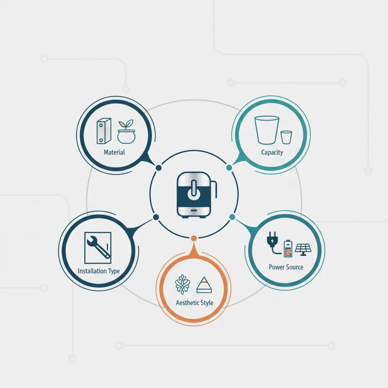 An infographic-style image showing various considerations: Material (stainless steel, ceramic), Capacity, Installation Type, Power Source, and Aesthet