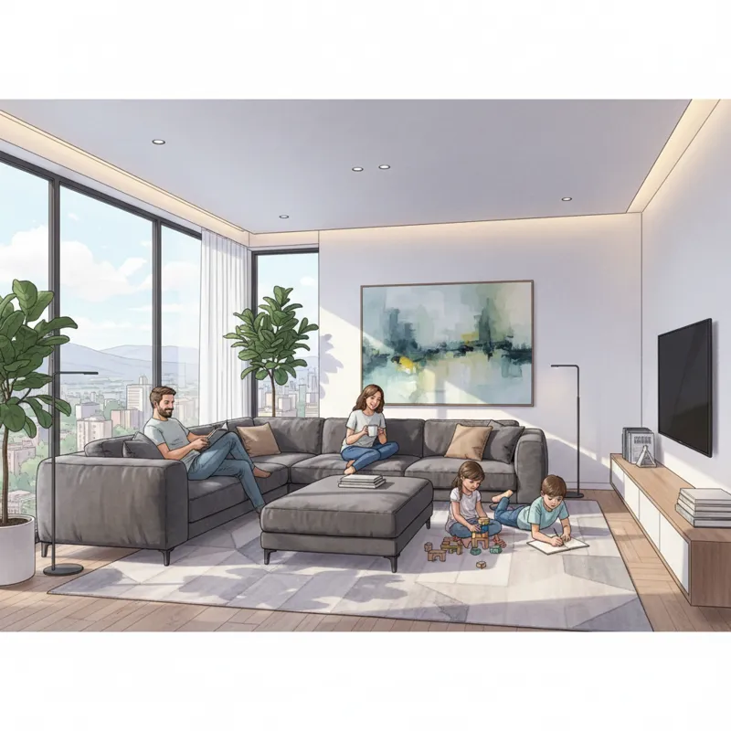 A modern living room featuring a coordinated sofa and table set, with a family relaxing comfortably.