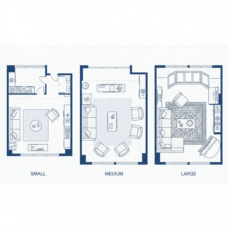 A floor plan showing different furniture arrangements for small, medium, and large living room sizes.