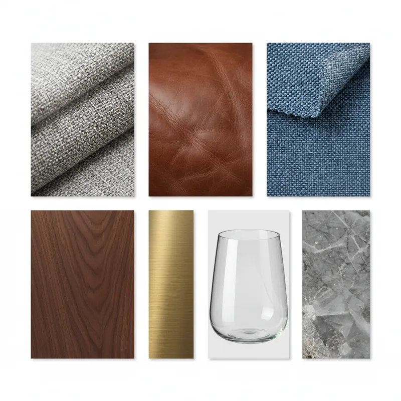 A collage showing close-ups of different sofa upholstery materials (fabric, leather, performance fabric) and table materials (wood, metal, glass, ston