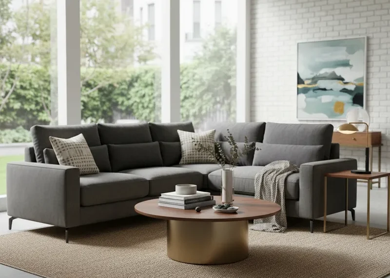Modern grey fabric sofa and sleek wooden coffee table set in a contemporary living room with natural light.