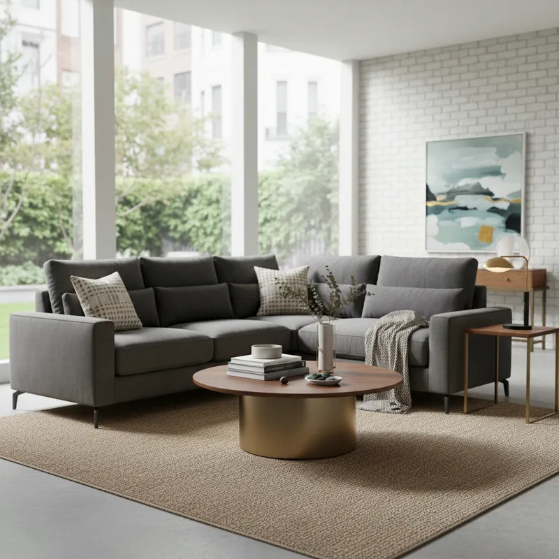 Modern grey fabric sofa and sleek wooden coffee table set in a contemporary living room with natural light.