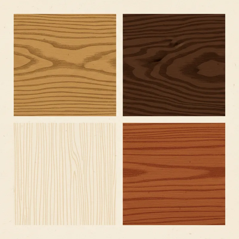 A collage of four high-quality swatches of different wood types: Oak, Maple, Walnut, and Cherry, each labeled.