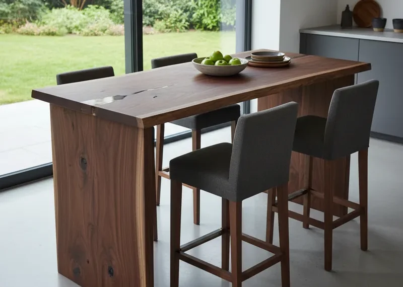 Solid wood counter height dining table with a natural finish, showcasing sturdy craftsmanship, ideal for kitchen island seating or casual dining.