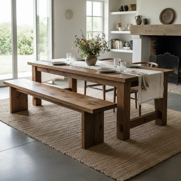 Solid wood dining table with a matching wooden bench in a natural finish, showcasing a rustic yet modern design suitable for family dining.