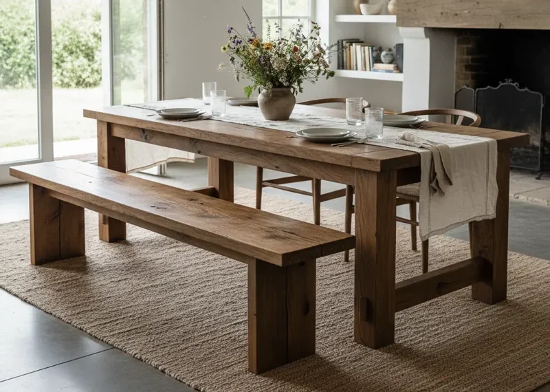 Solid wood dining table with a matching wooden bench in a natural finish, showcasing a rustic yet modern design suitable for family dining.