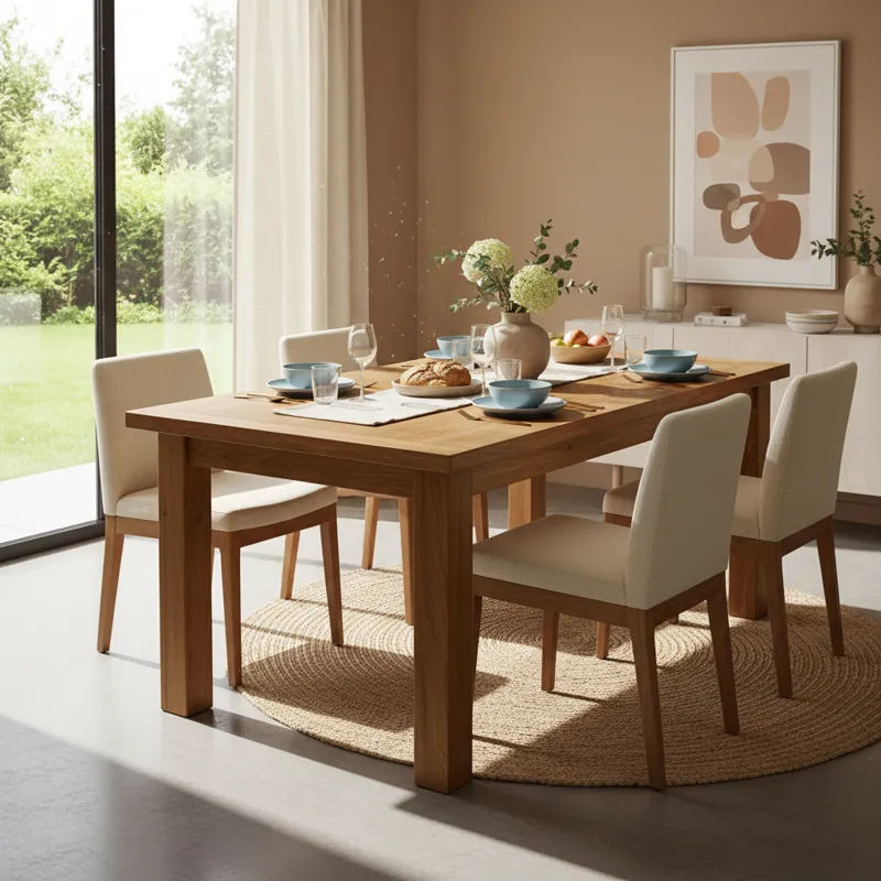 A stylish, modern dining room featuring a solid wood extendable table in its compact form, with natural light streaming in. The table is set for a sma