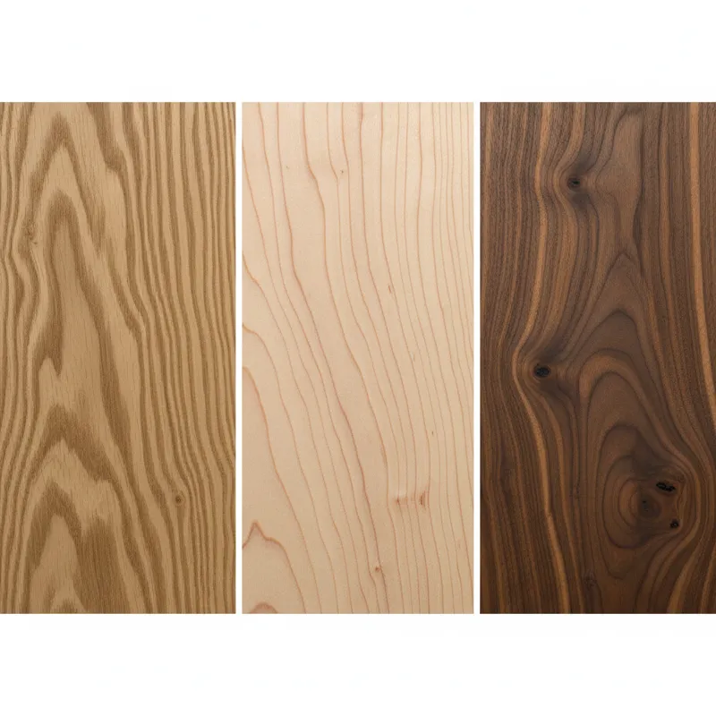 A close-up, high-definition shot illustrating the grain patterns of different types of solid wood used in furniture, such as oak, maple, and walnut. T
