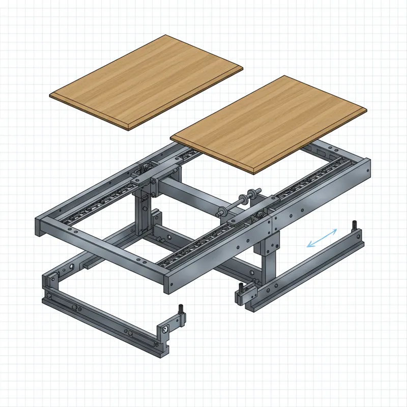 A detailed technical drawing or exploded view of a common extendable table mechanism, showing the slides, leaves, and locking features clearly. The im
