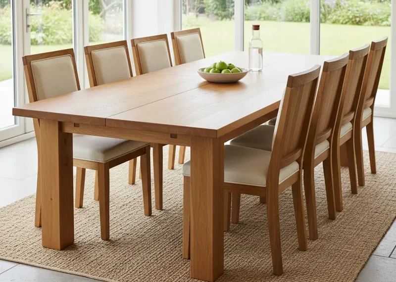 Solid wood extendable dining table in a natural finish, shown expanded to comfortably seat multiple guests, highlighting its sturdy design and wood grain.