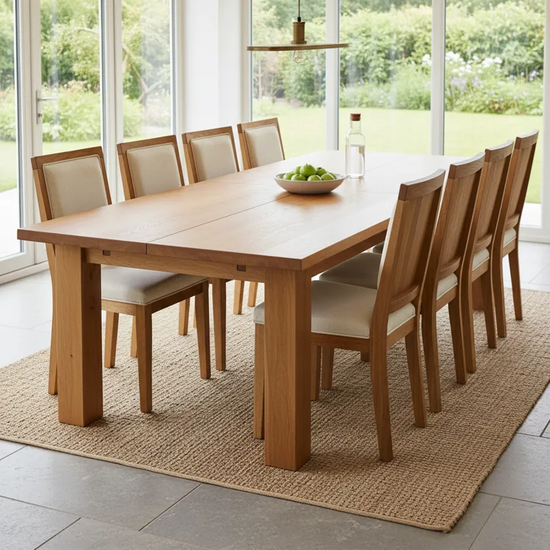 Solid wood extendable dining table in a natural finish, shown expanded to comfortably seat multiple guests, highlighting its sturdy design and wood grain.