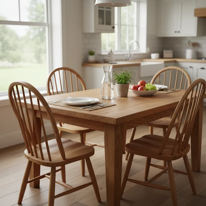 A beautifully set solid wood kitchen table with four matching chairs, bathed in natural light, showcasing the wood grain.