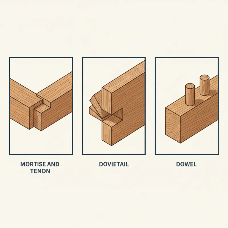 An infographic illustrating different joinery techniques like mortise and tenon, dovetail, and dowel joints.