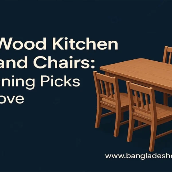 An illustration of a simple rectangular solid wood kitchen table with four matching wooden chairs on a dark blue background. White text on the left reads: 'Solid Wood Kitchen Table and Chairs: 10 Stunning Picks You'll Love'. A website URL, 'www.bangladeshcountry.com', is at the bottom right.