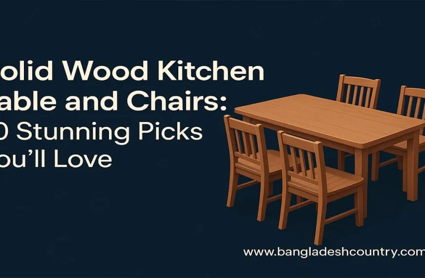 An illustration of a simple rectangular solid wood kitchen table with four matching wooden chairs on a dark blue background. White text on the left reads: 'Solid Wood Kitchen Table and Chairs: 10 Stunning Picks You'll Love'. A website URL, 'www.bangladeshcountry.com', is at the bottom right.